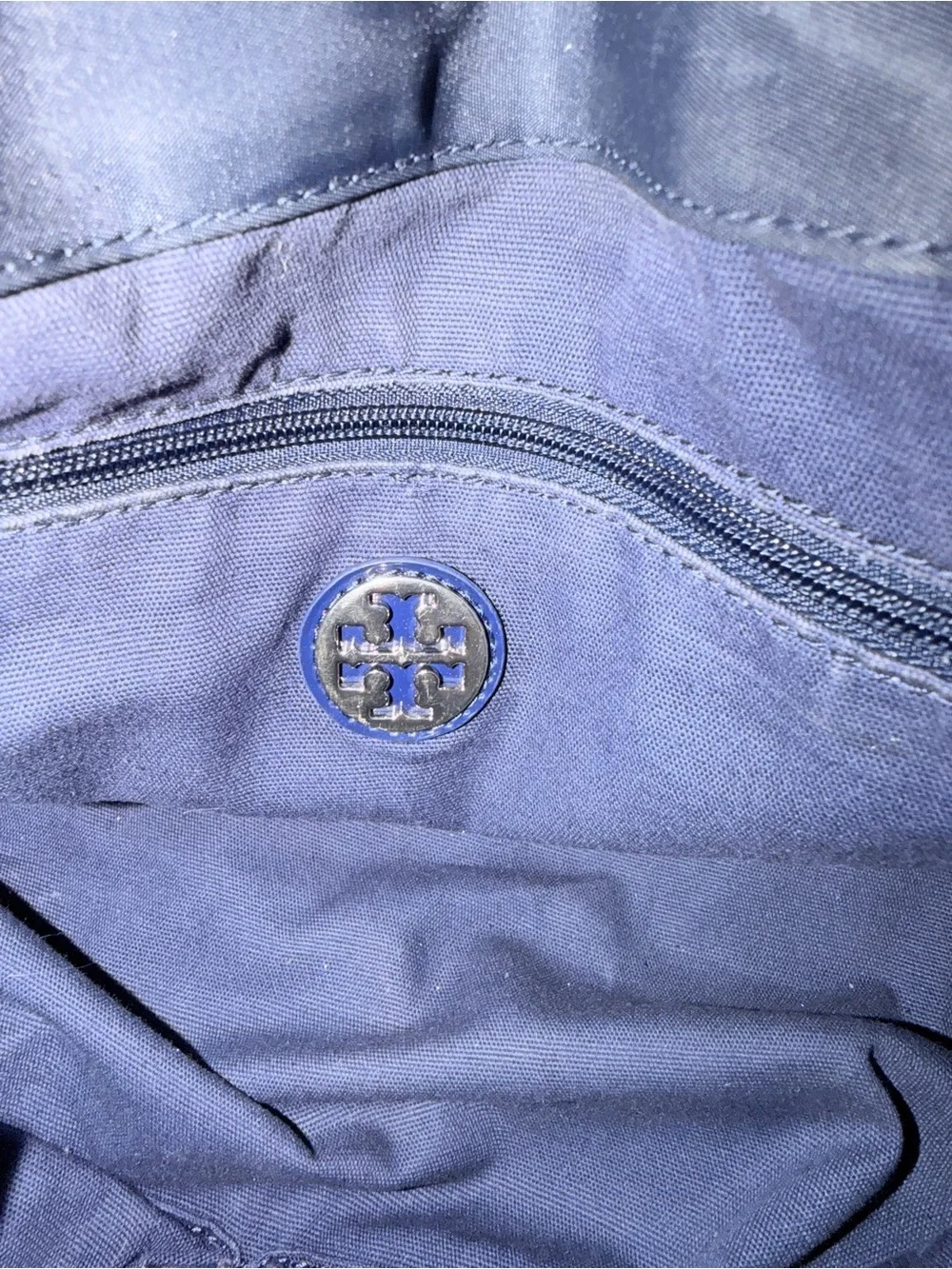 Tory Burch Ella classic Navy Logo Nylon Tote with Patent Trim
